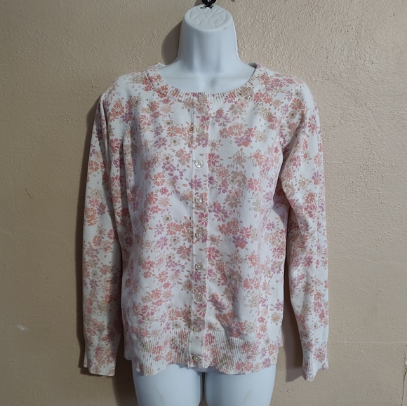 Pink Purple & White Floral Print Spring Cardigan Basic Editions SZ Small Medium - Picture 10 of 10